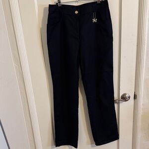 St. John Sport Black Stretch Straight Leg Pants Embellished Butterfly Pocket